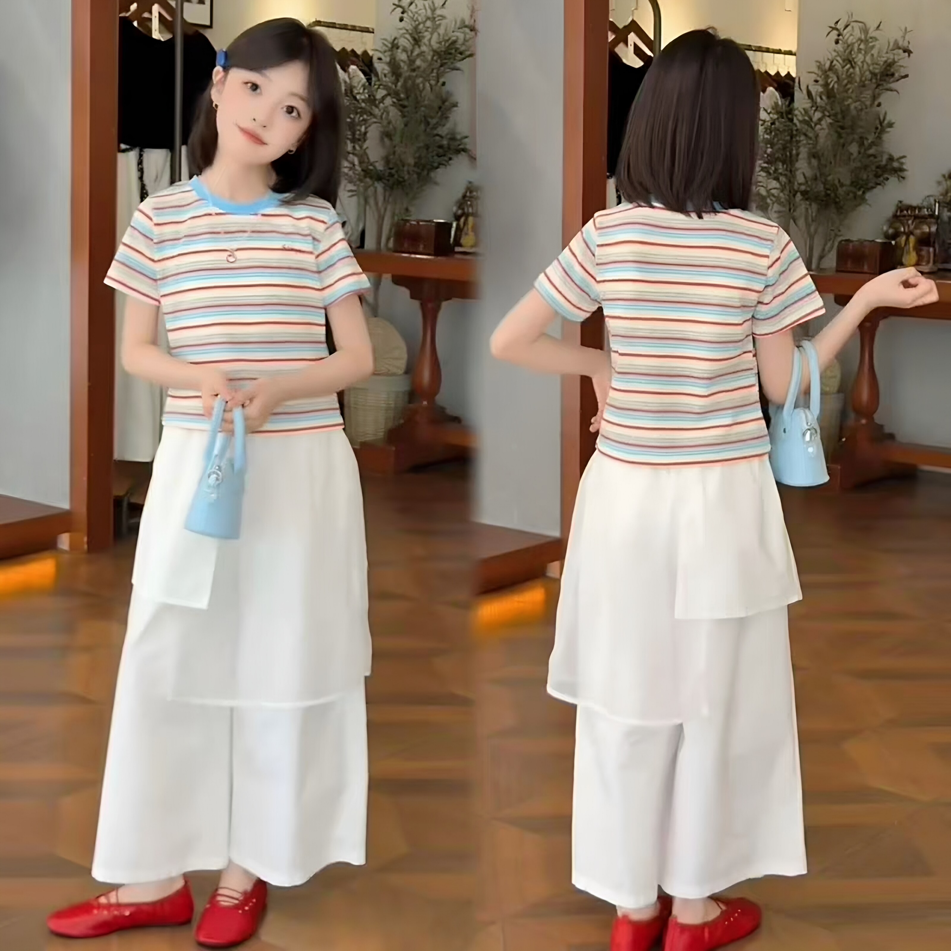 女童条纹短袖屁帘阔腿裤套装