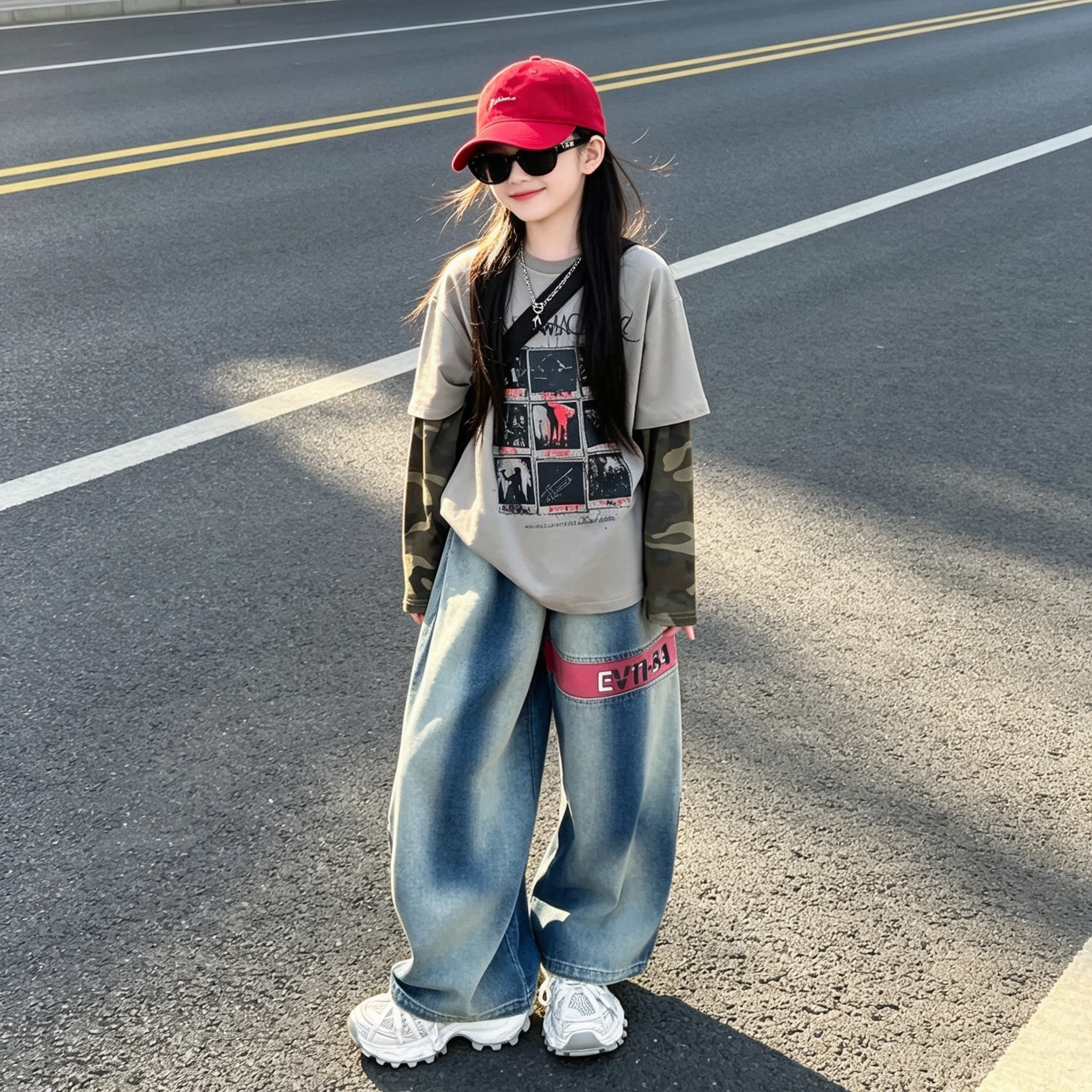 女童假两件长袖牛仔裤套装