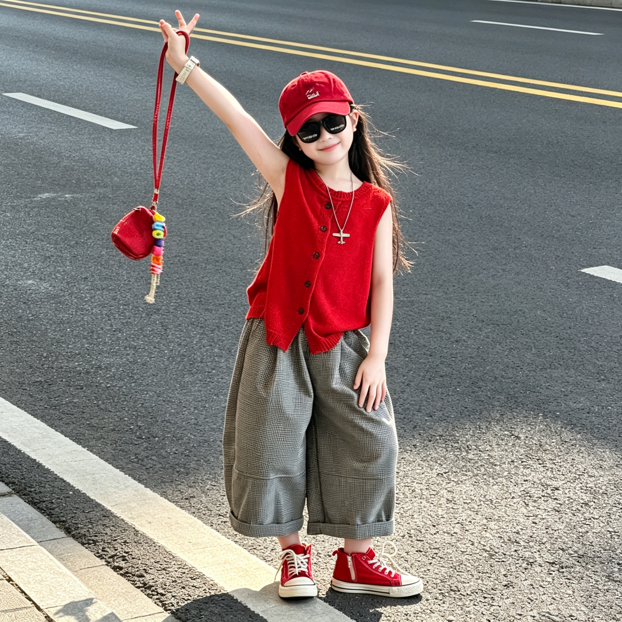 女童针织背心条纹灯笼九分裤套装