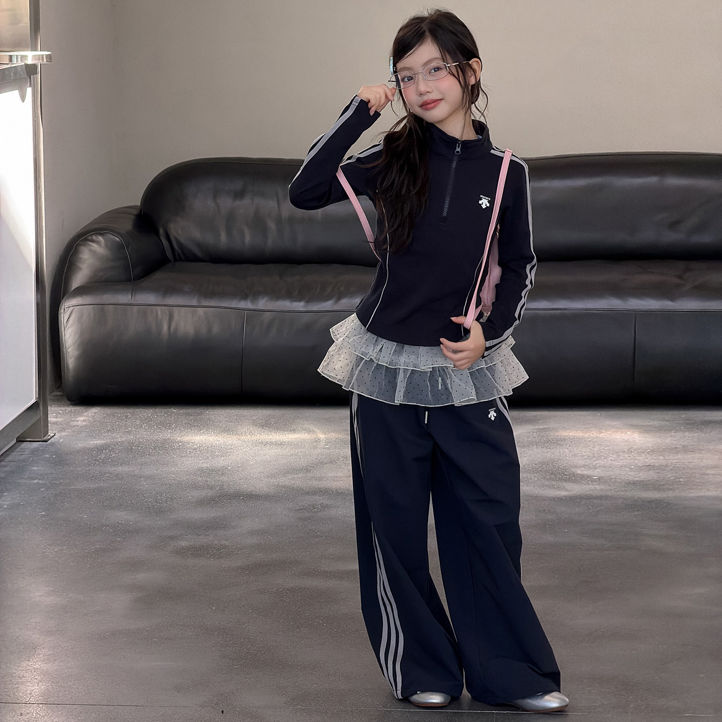 女童半拉链立领外套阔腿裤两件套