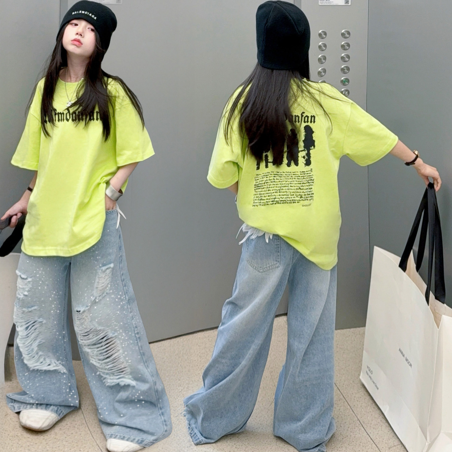 女童荧光绿字母短袖牛仔裤套装