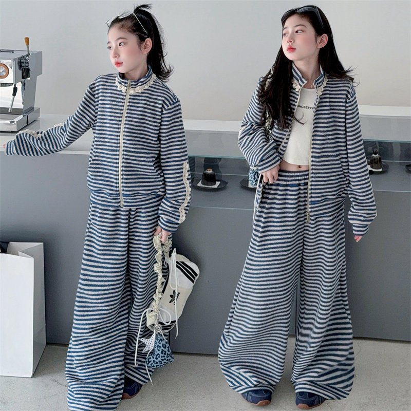 女童设计感韩系花边休闲风条纹拉链外套阔腿裤春季初中生洋气套装