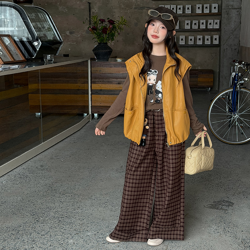 女童工装风马甲格子裤三件套