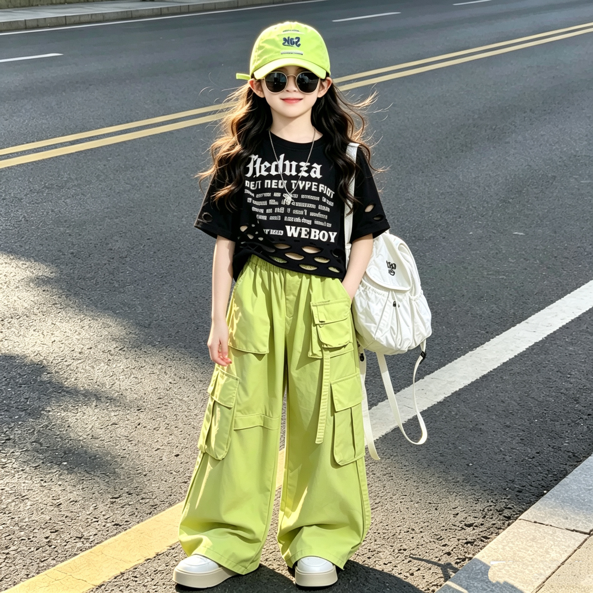 夏季女童酷飒风设计感女童字母破洞短袖多巴胺工装裤爵士舞套装潮
