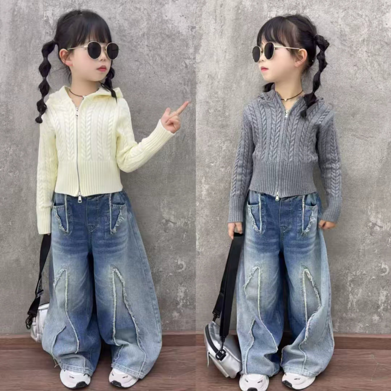 女童春季韩系复古连帽针织开衫设计感做旧毛边拼接牛仔裤套装潮酷