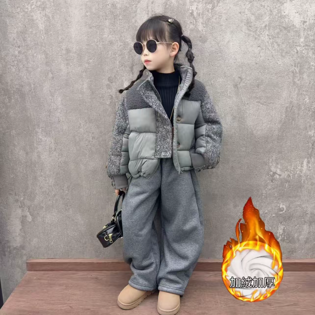 欧货时尚立领羊羔毛拼接羽绒棉短款外套加绒弯刀裤洋气女童套装潮,童装/婴儿装/亲子装,套装,淘宝优惠券,粉丝福利购,淘宝优惠卷
