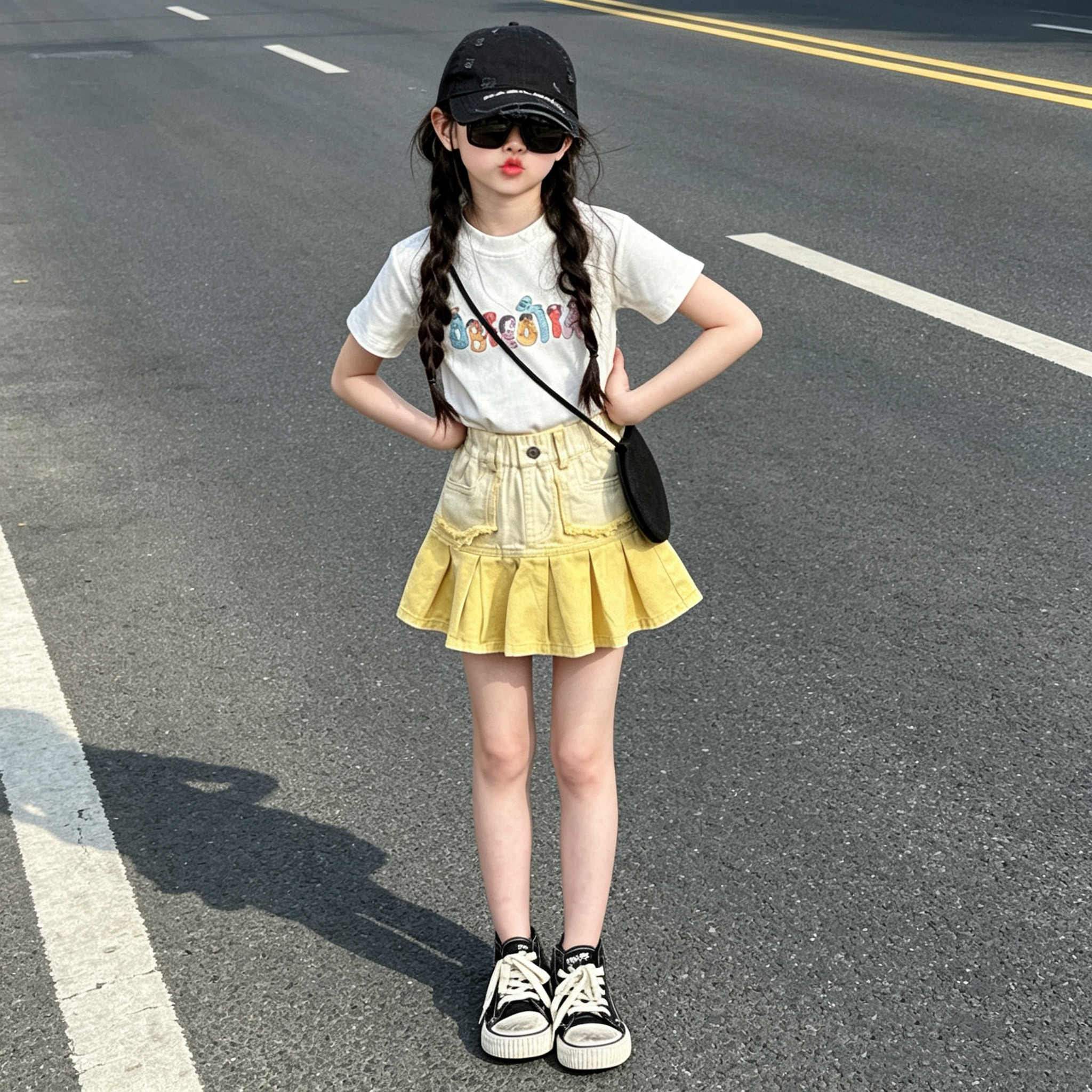 女童卡通短袖渐变牛仔短裙套装