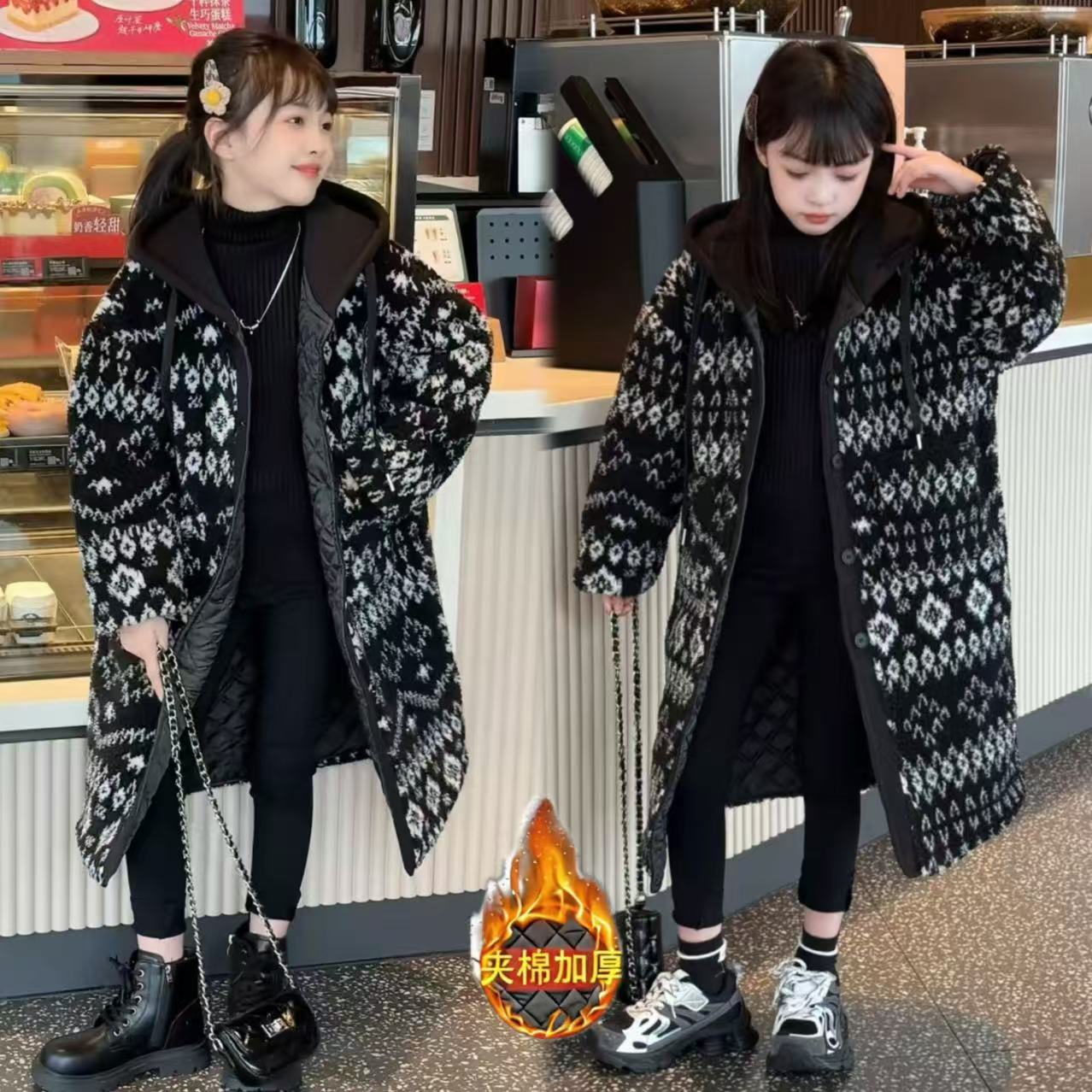 欧洲站冬季新款女童设计感费尔岛中长款过膝连帽加厚大衣外套洋气