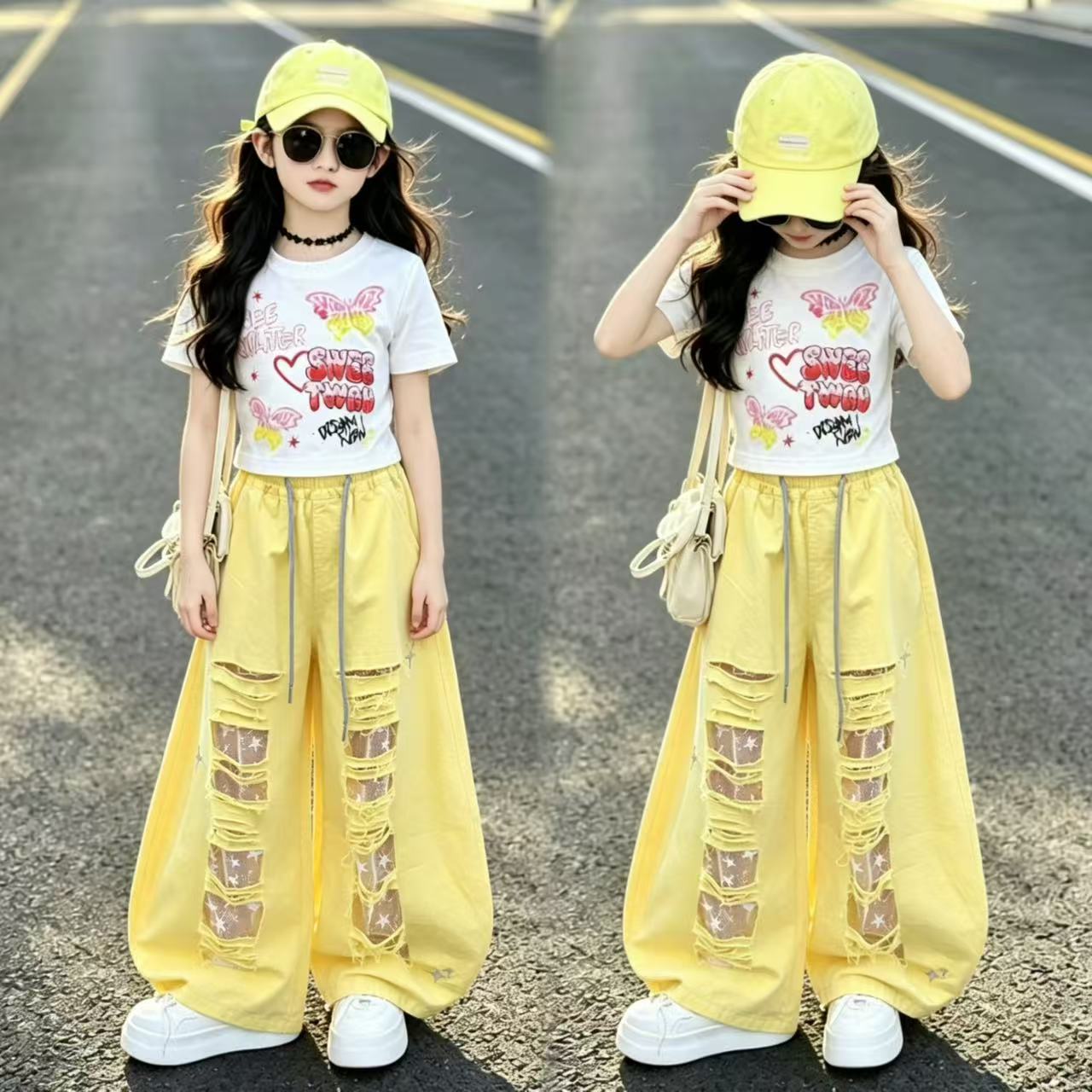 女童破洞蕾丝拼接弯刀裤短袖套装