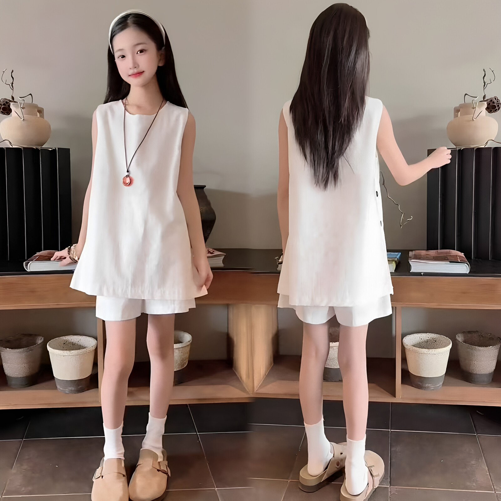 女童白色无袖短裤简约两件套