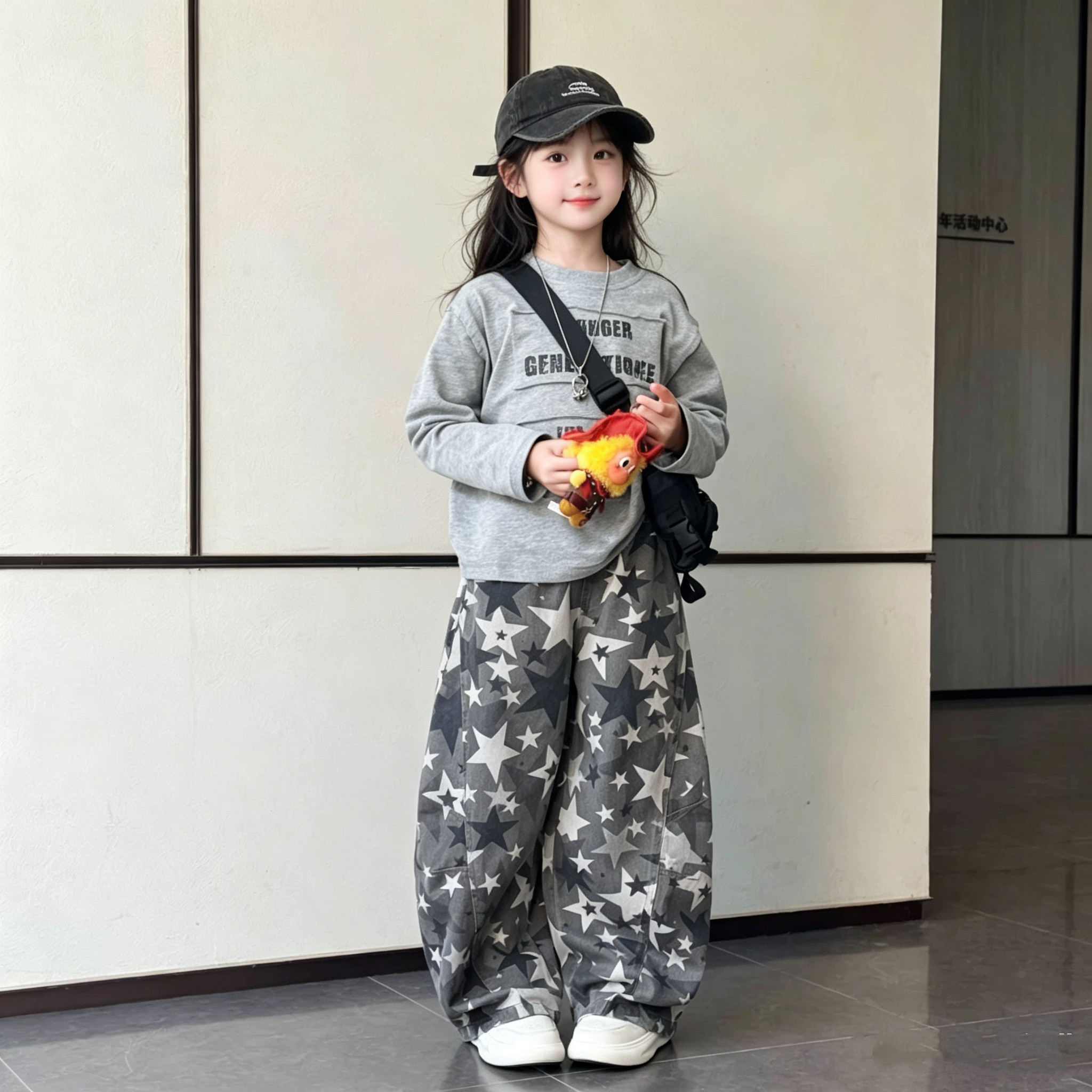 女童迷彩工装弯刀裤卫衣套装