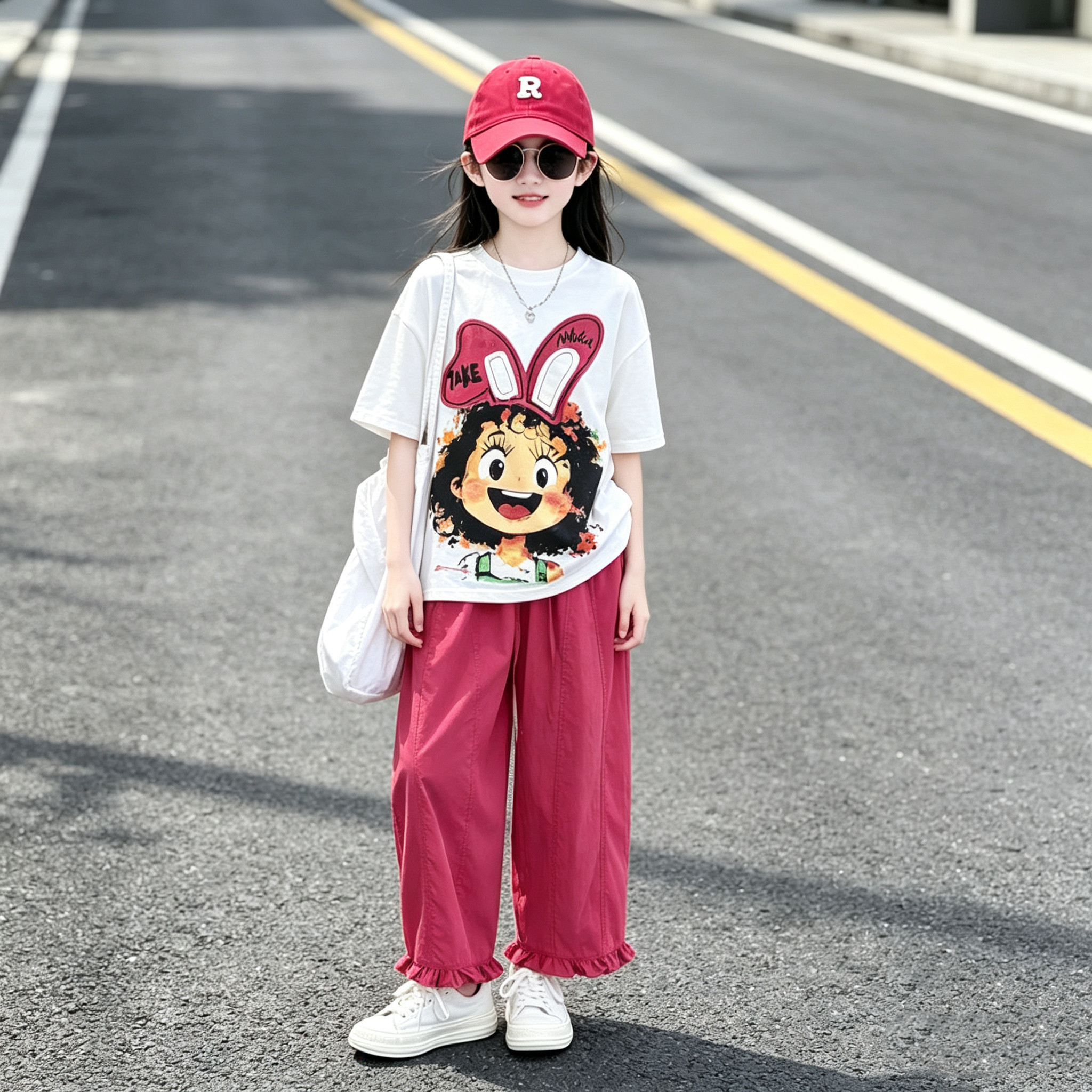 女童可爱印花短袖灯笼裤套装