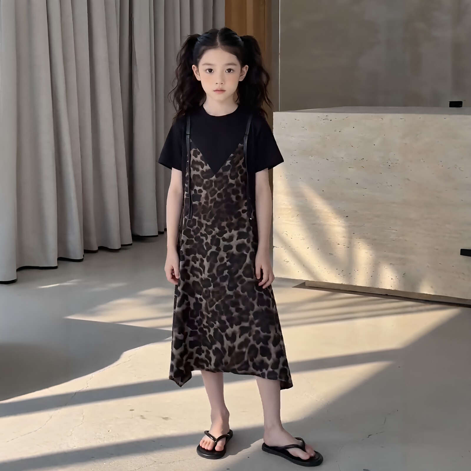 女童假两件豹纹拼接短袖连衣裙
