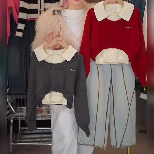 女童真两件毛衣牛仔阔腿裤套装