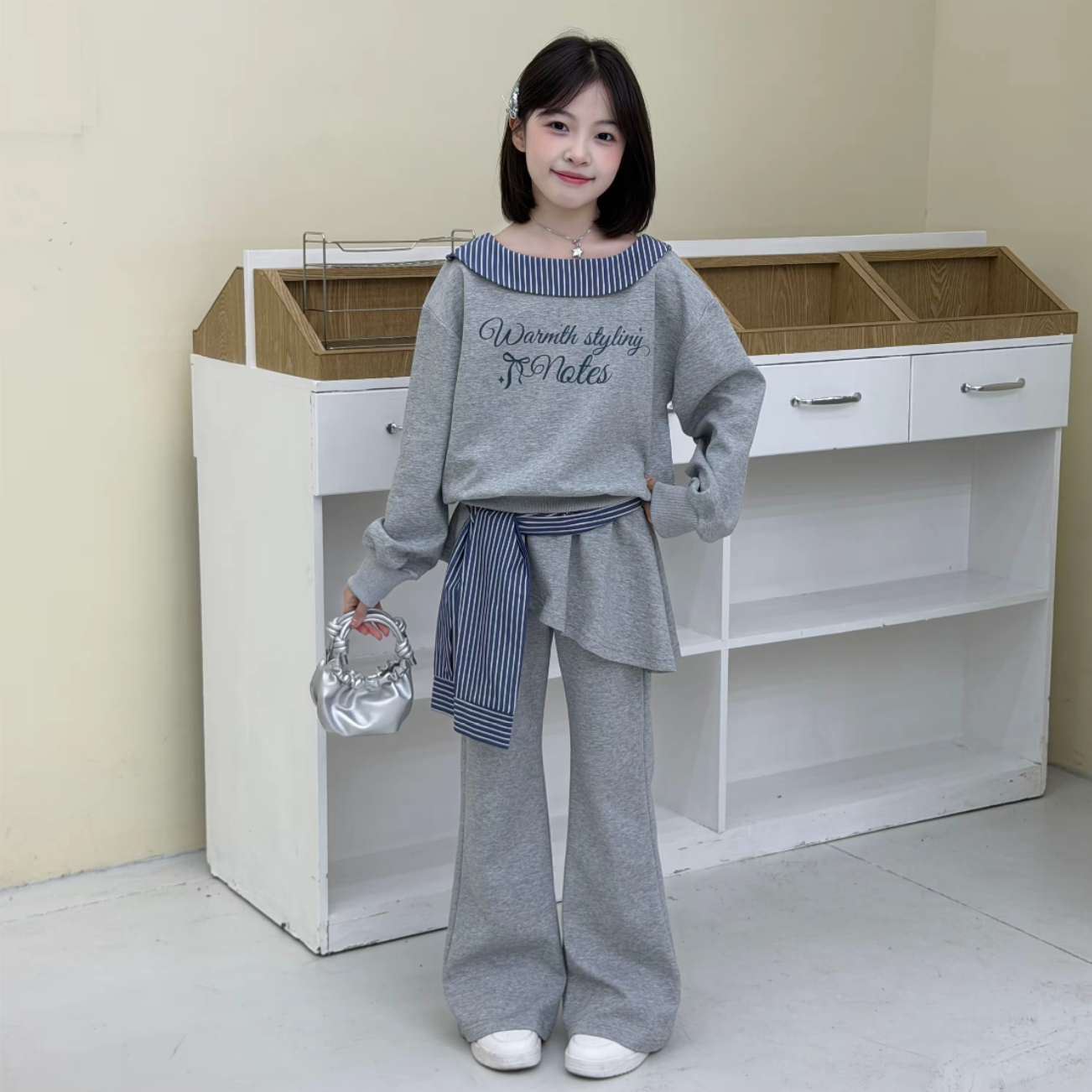 女童字母印花长袖阔腿裤两件套