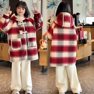 女童拜年服红色复古连帽格子中长款大衣外套初中生超好看过年战袍