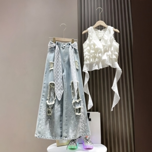 女童不规则流苏背心阔腿裤两件套