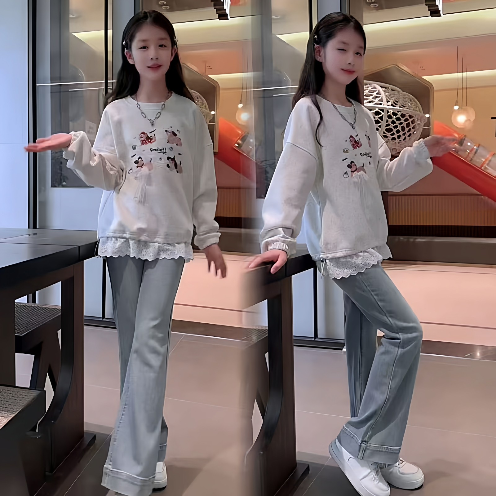 女童秋设计感抽绳花边重工刺绣卫衣百搭高腰弹力牛仔喇叭裤套装韩