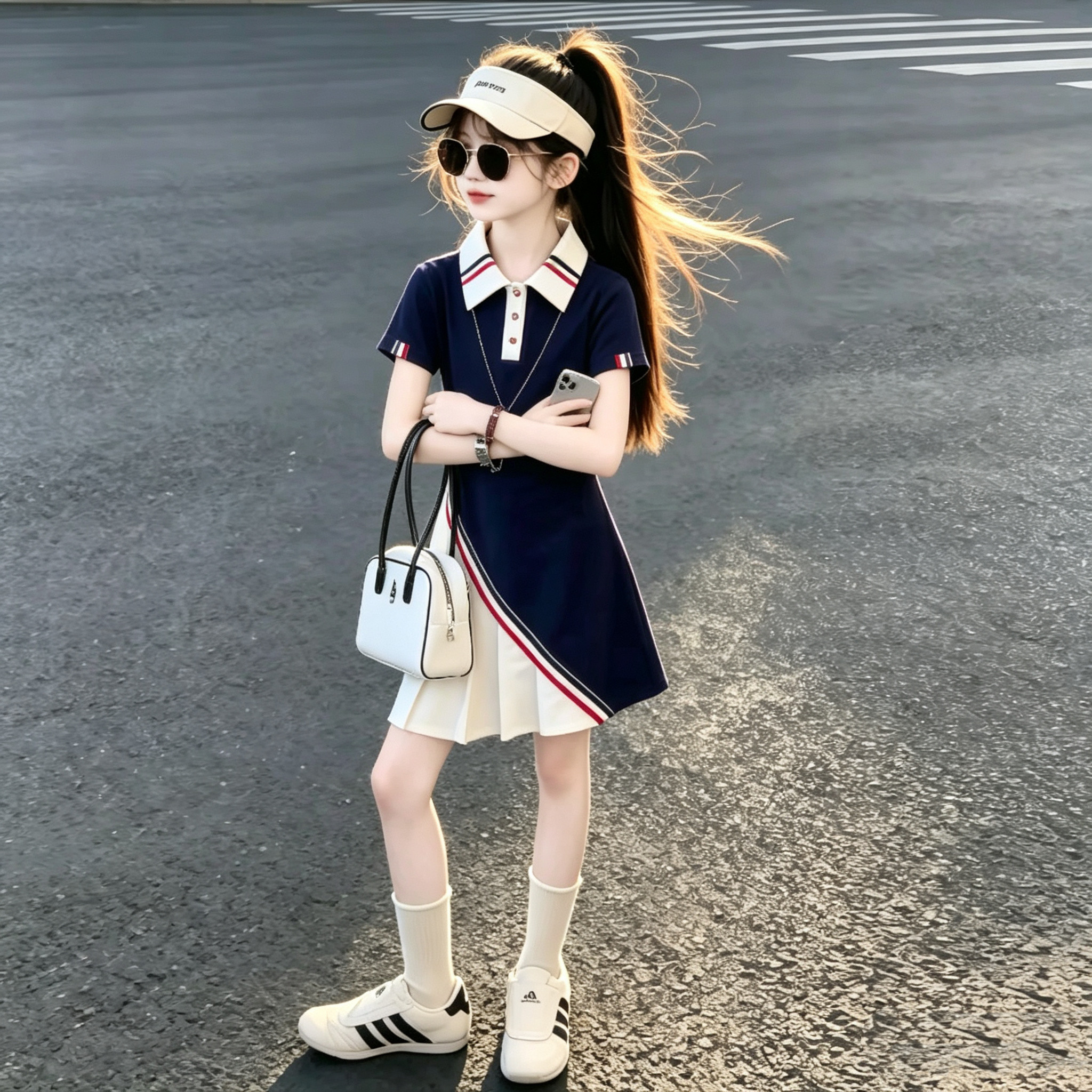 女童POLO领短袖不规则时尚裙子韩