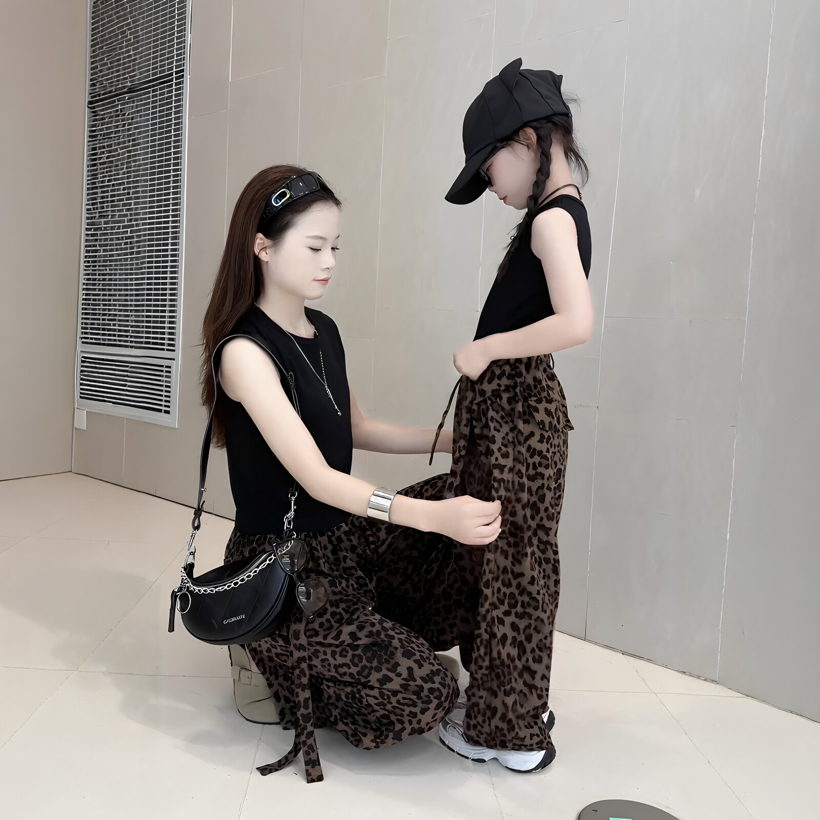 女童美拉德豹纹阔腿裤背心套装