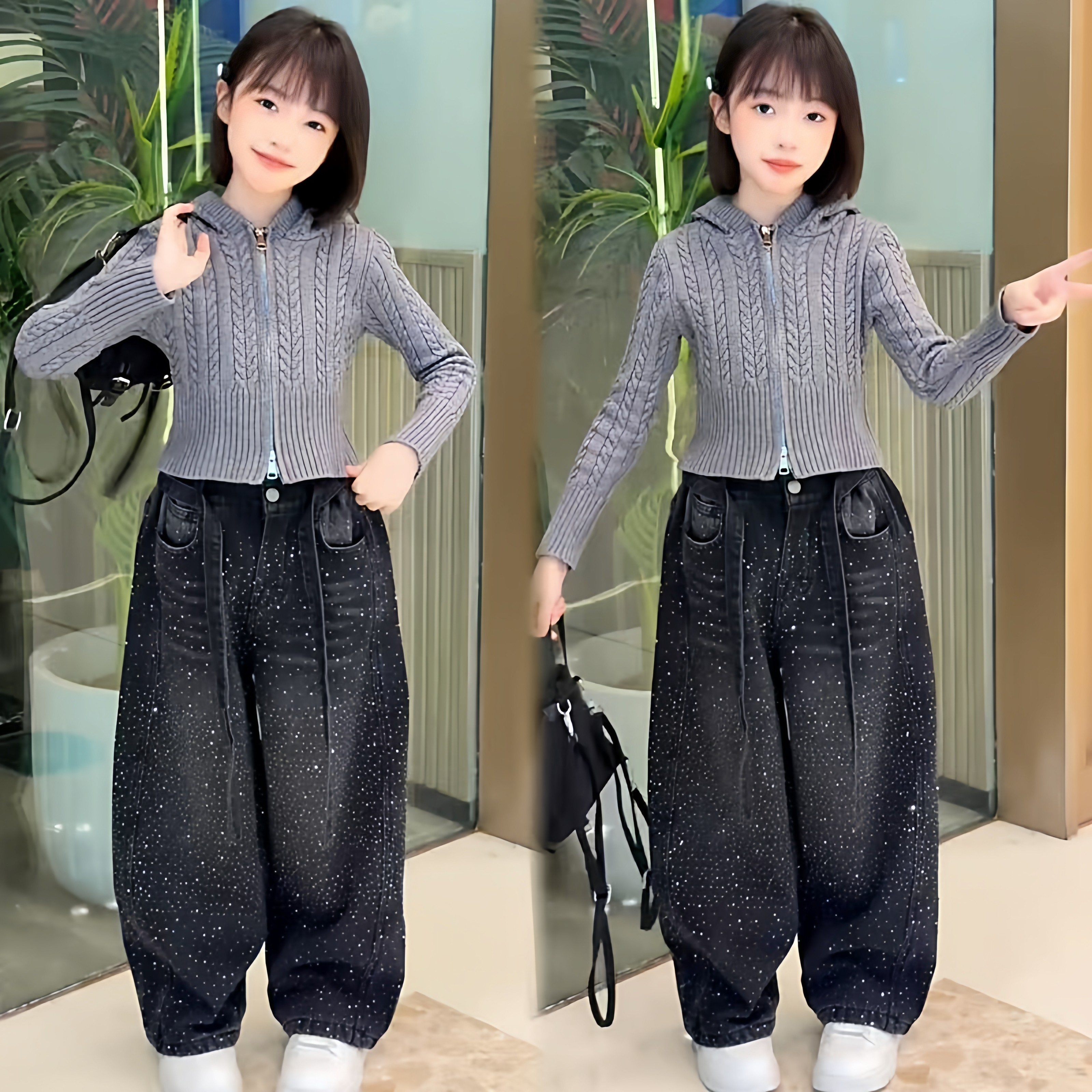 女童甜酷复古麻花连帽毛衣拉链开衫爆闪满钻牛仔弯刀裤超洋气套装,童装/婴儿装/亲子装,套装,淘宝优惠券,粉丝福利购,淘宝优惠卷