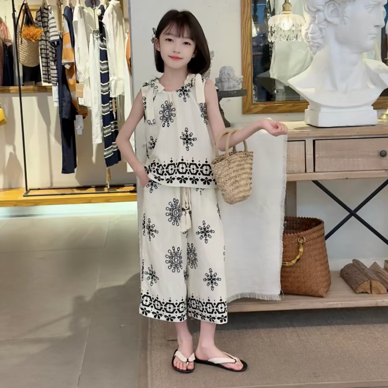 女童夏季度假民族风印花无袖背心七分阔腿裤薄款垂感清凉休闲套装