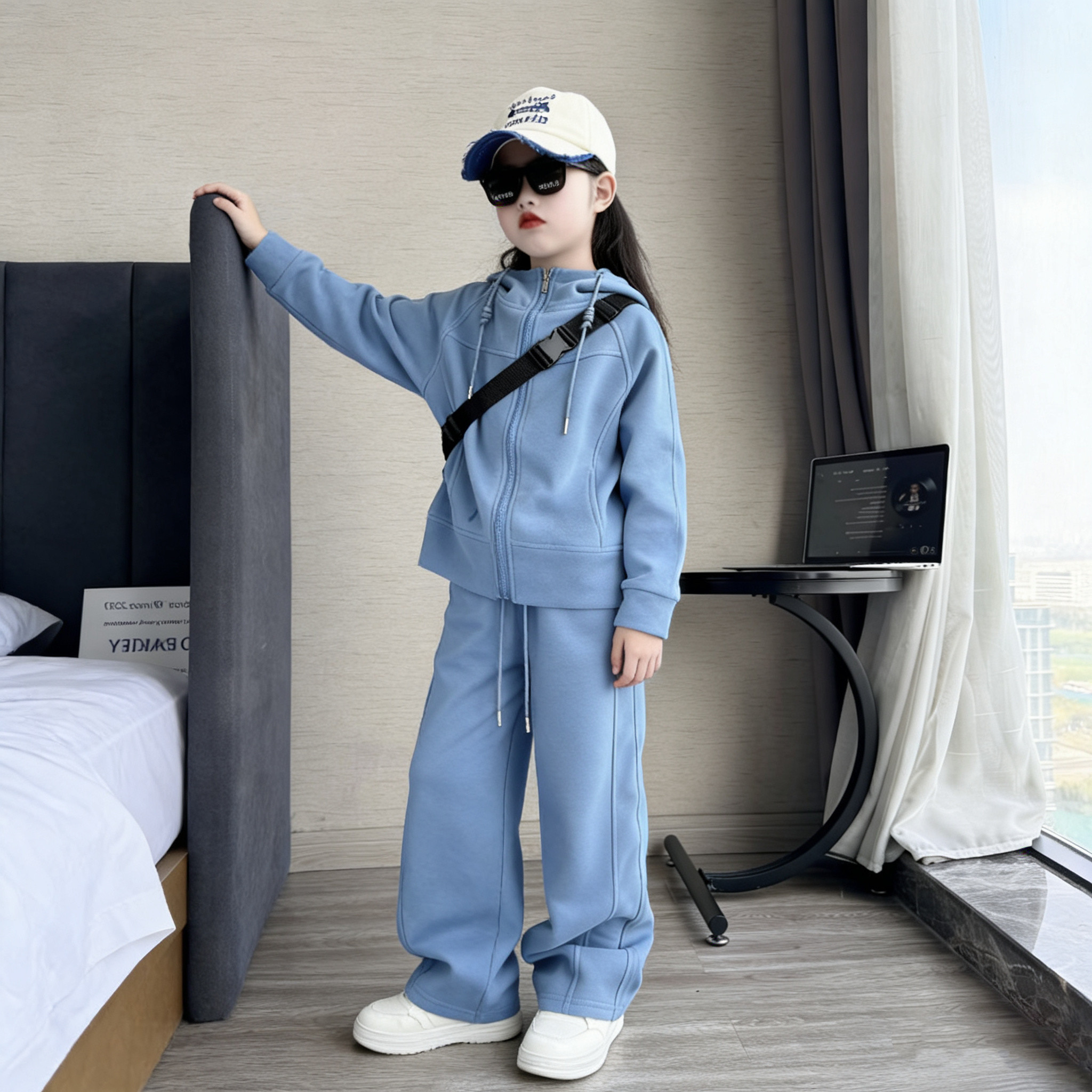 女童春秋高级感韩系纯色连帽卫衣外套阔腿裤初中生休闲运动套装潮