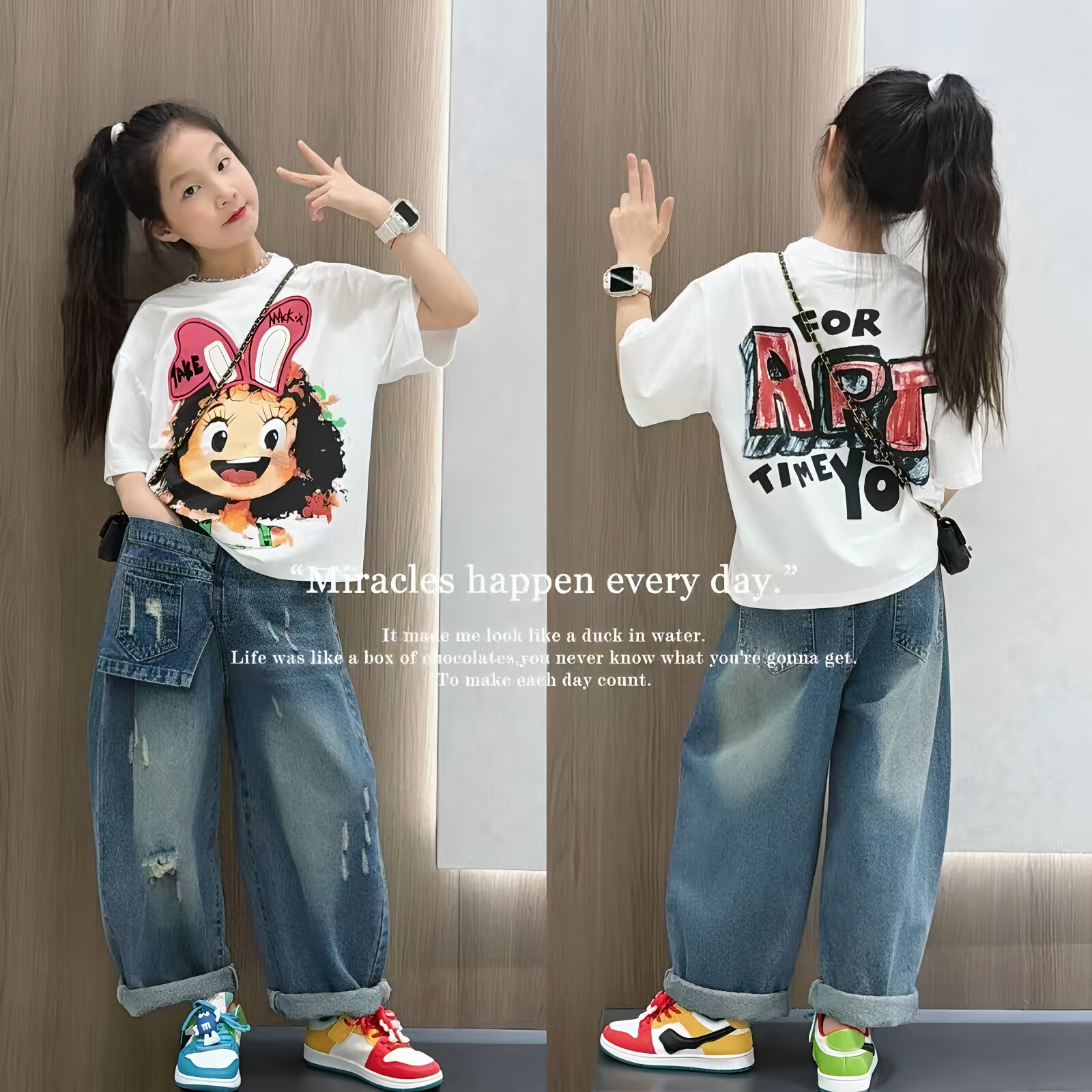 女童破洞牛仔裤套装卡通短袖套装