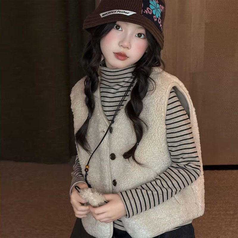 女童毛毛马甲打底衫阔腿裤三件套