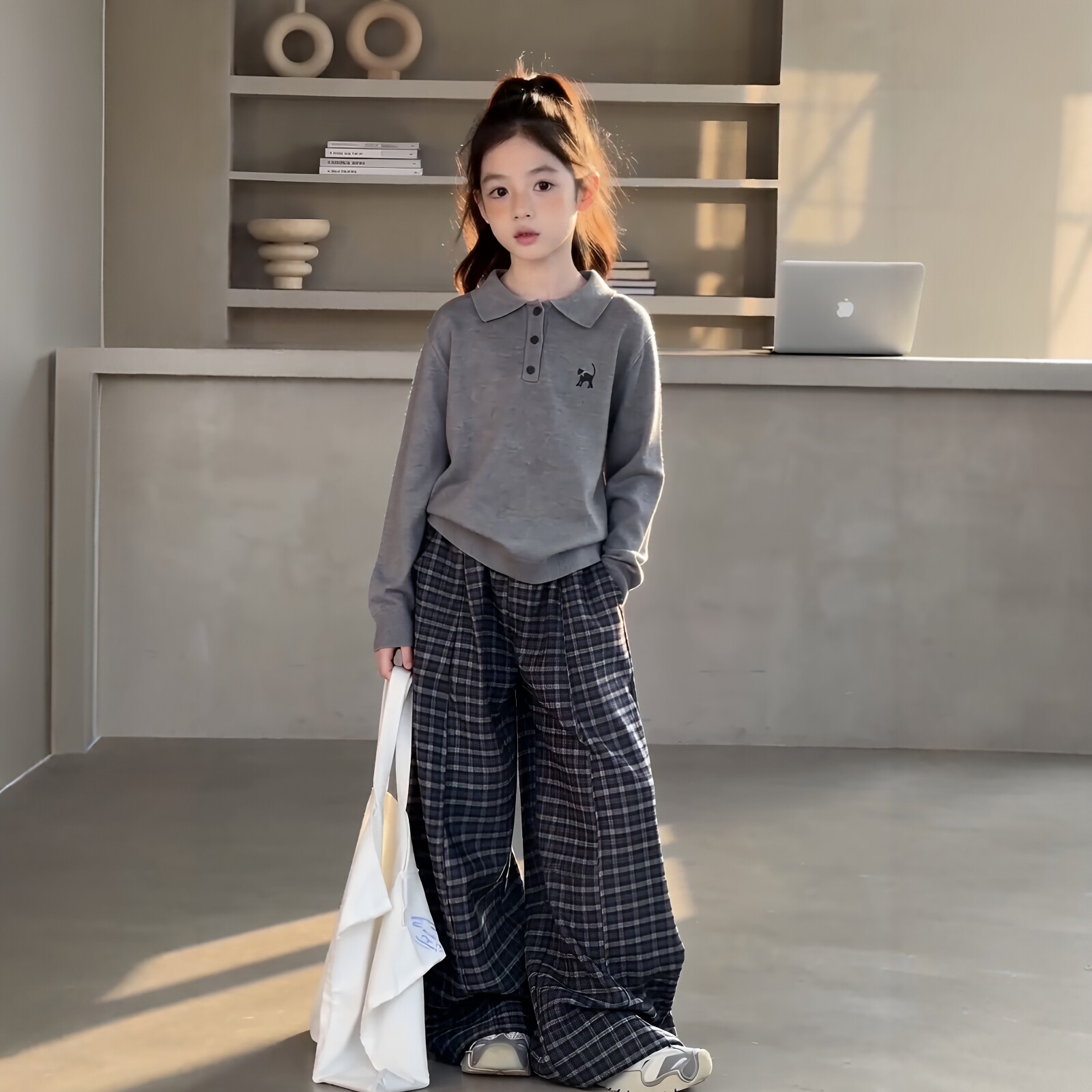 女童POLO领针织衫格子阔腿裤套装