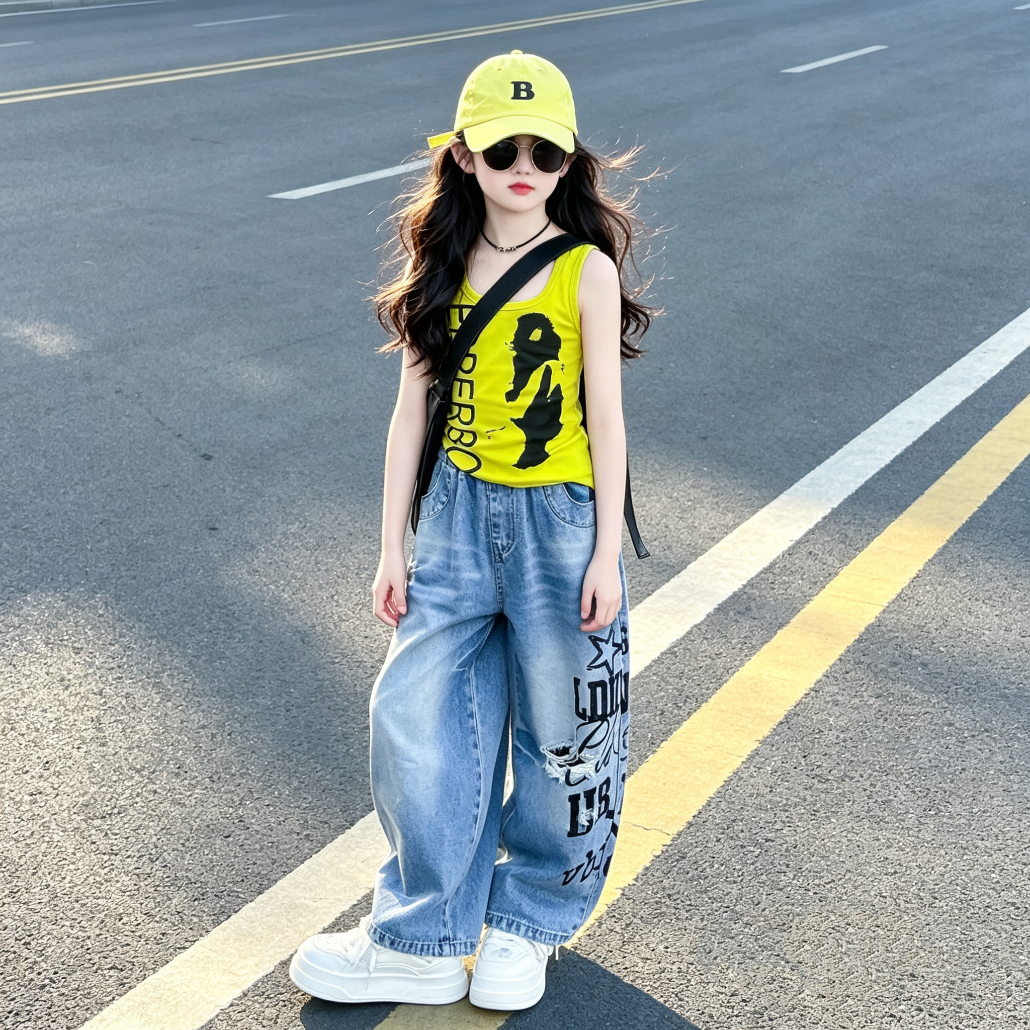 女童字母不规则背心牛仔裤套装