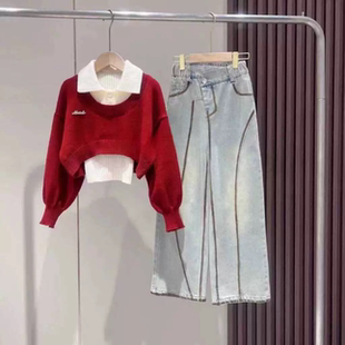 2024秋冬新款女童设计感真两件POLO领毛衣个性牛仔阔腿裤套装韩版