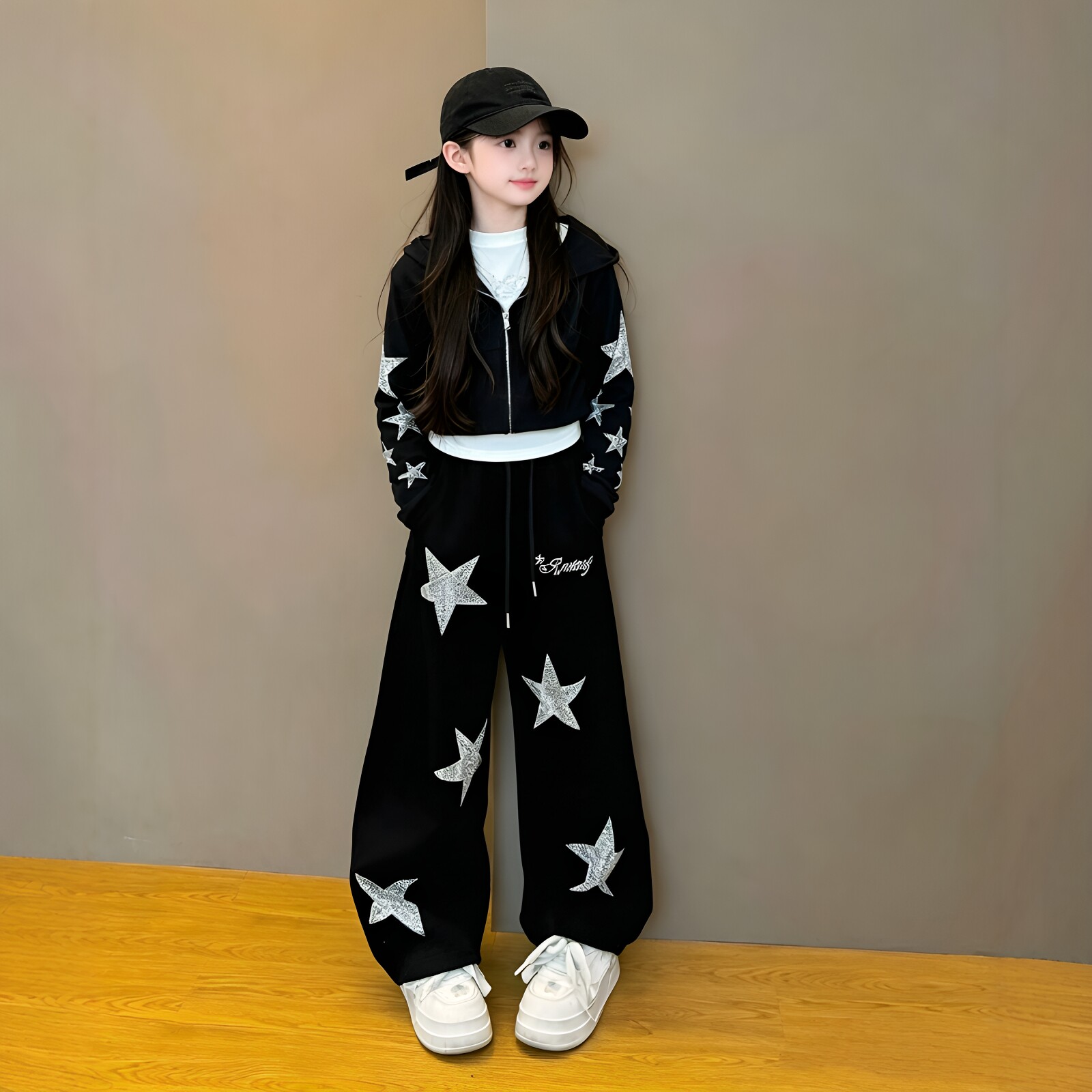 女童星星烫钻连帽外套阔腿裤套装
