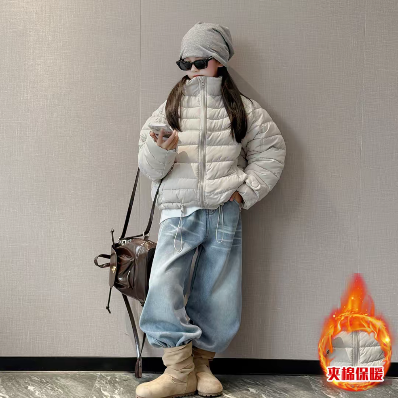 女童冬季百搭设计感简约立领棉服外套一体绒休闲牛仔阔腿裤套装潮,童装/婴儿装/亲子装,套装,淘宝优惠券,粉丝福利购,淘宝优惠卷