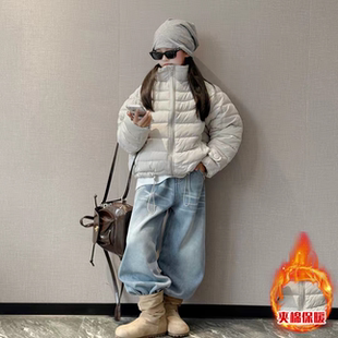 女童冬季百搭设计感简约立领棉服外套一体绒休闲牛仔阔腿裤套装潮