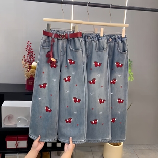 年货款女童加厚一体绒卡通小马毛巾绣牛仔阔腿裤中大童百搭长裤潮