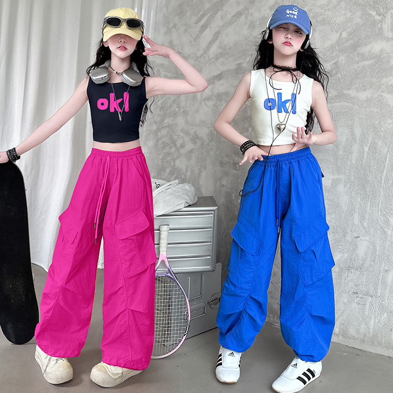 女童夏季美式字母背心多巴胺糖果色百搭工装裤潮酷街舞时尚套装韩