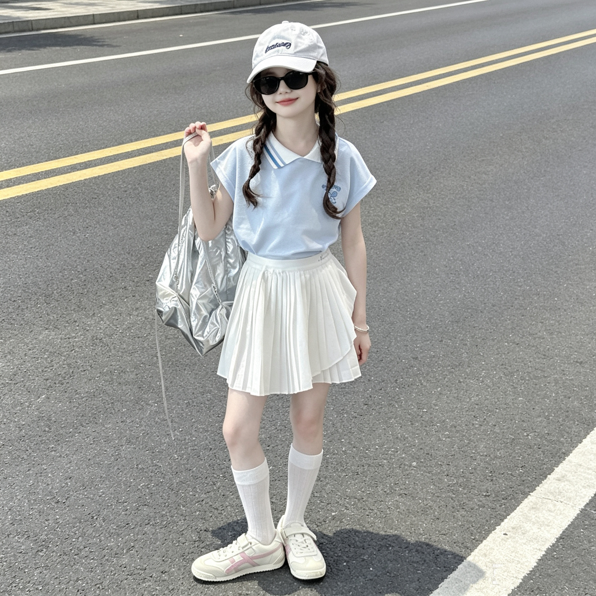 女童POLO领短袖不规则百褶裙套装