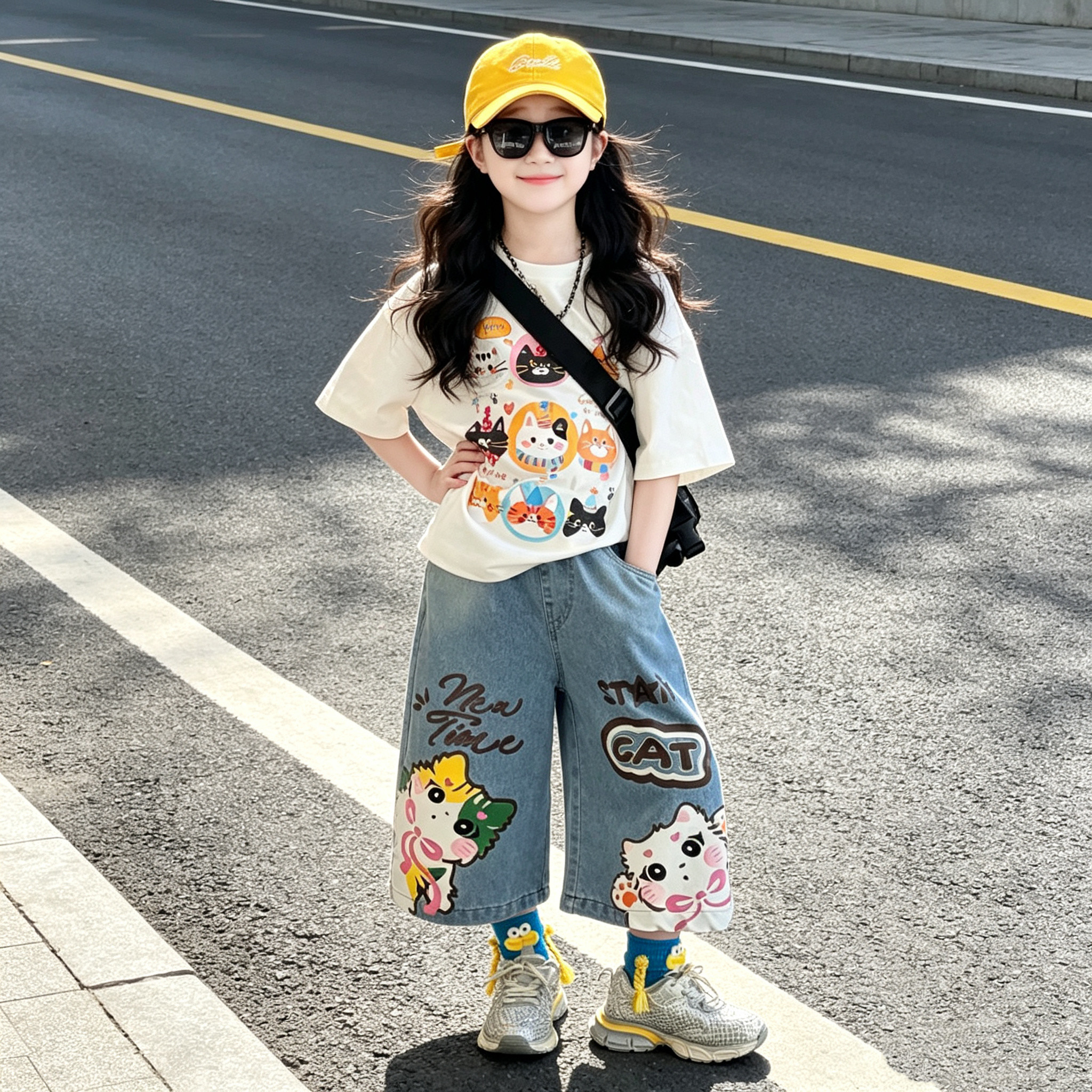 女童卡通涂鸦牛仔七分裤短袖套装