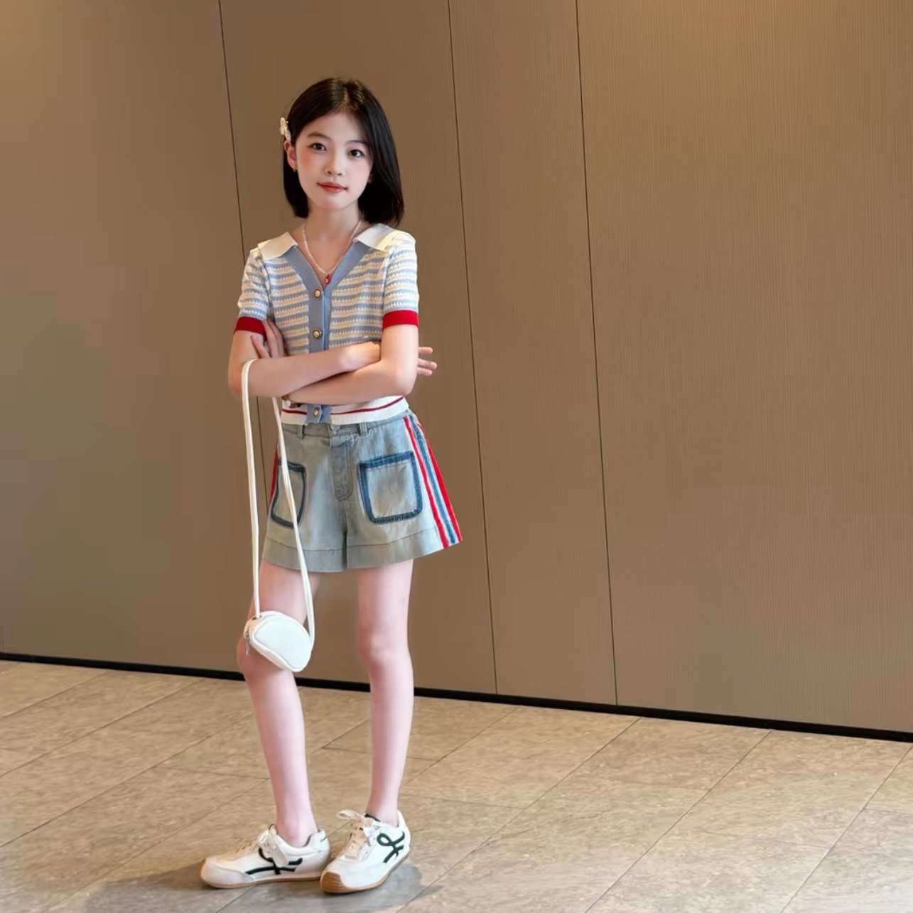 女童条纹Polo针织短袖短裤套装