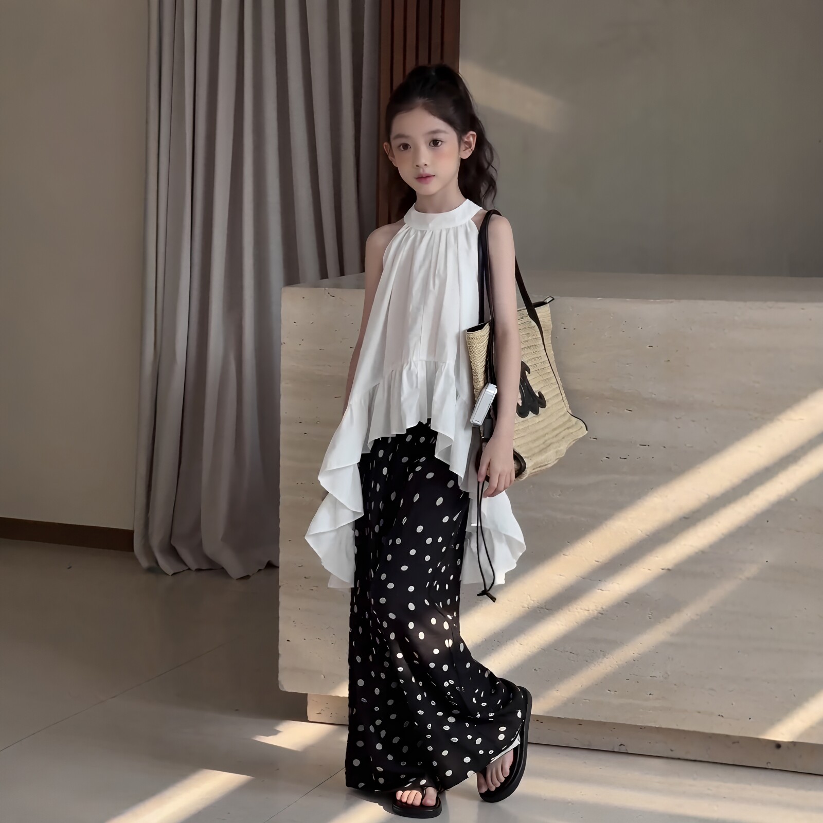女童不规则挂脖无袖波点裤套装