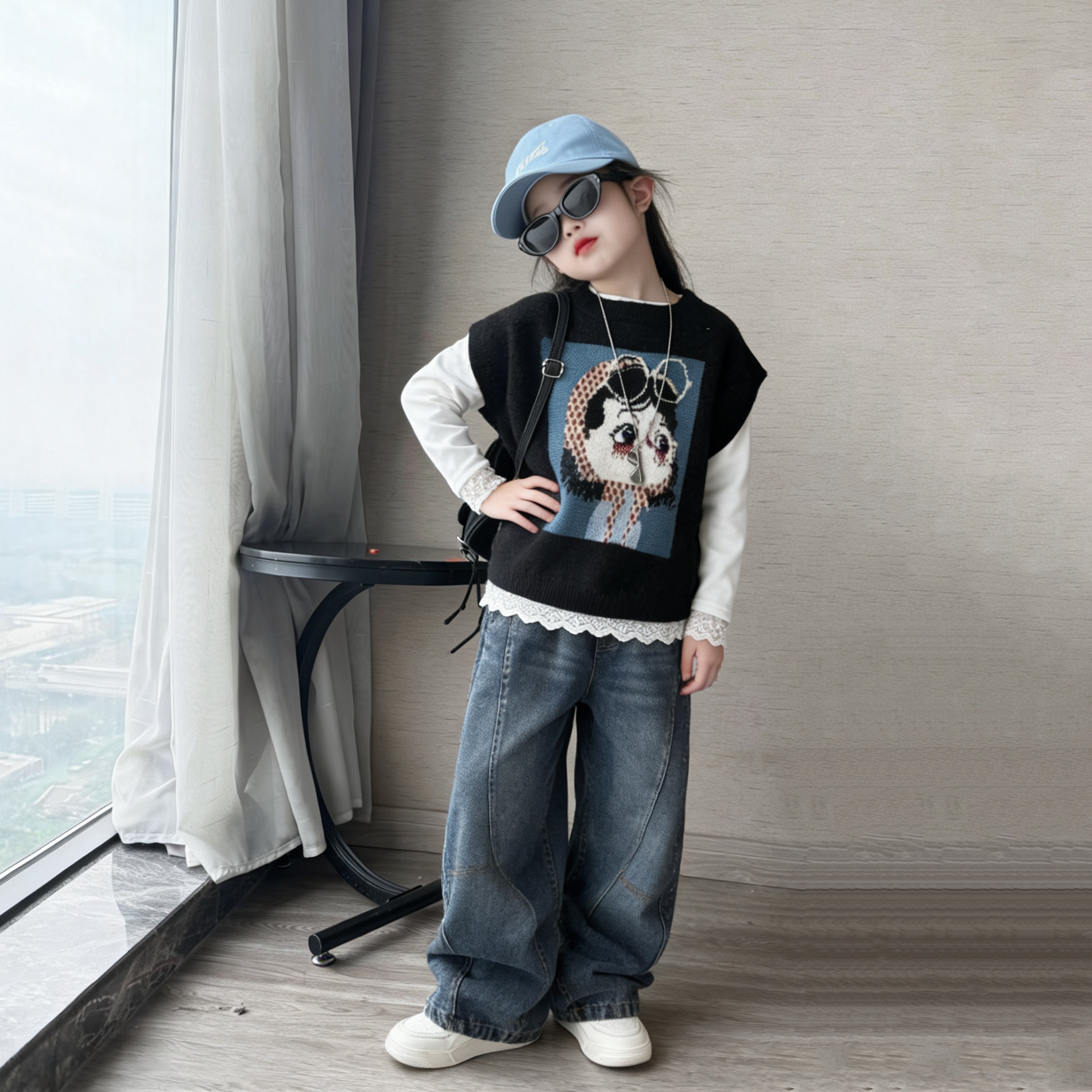 女童韩版卡通宽松针织马甲叠穿三件套中大童烫钻牛仔弯刀裤阔腿裤