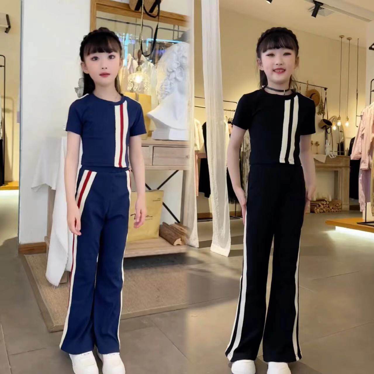 2025夏季新款女童撞色条纹修身短袖运动微喇裤子气质炸街套装韩版