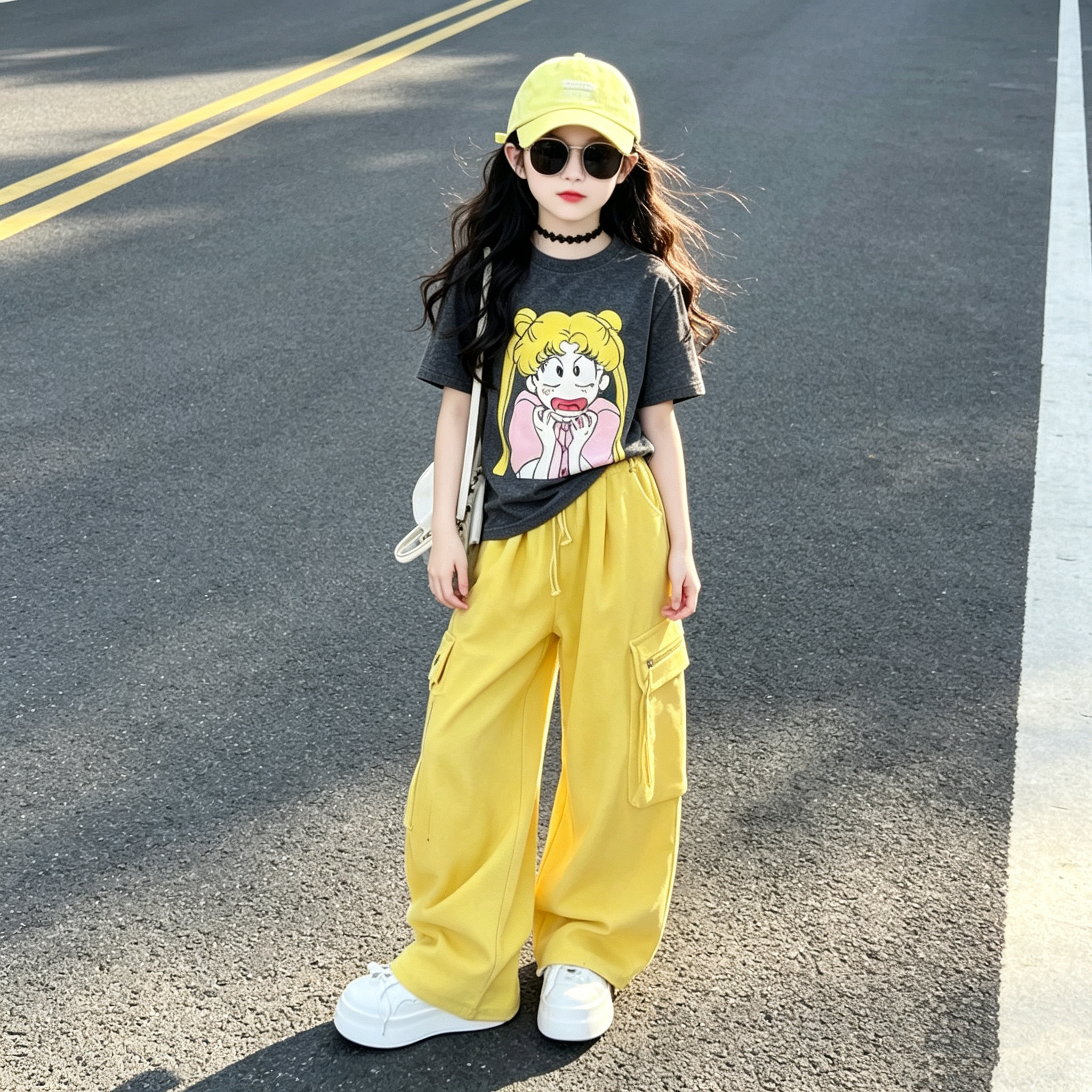 女童韩版搞怪美少女卡通印花宽松短袖多巴胺黄色工装裤初中生套装