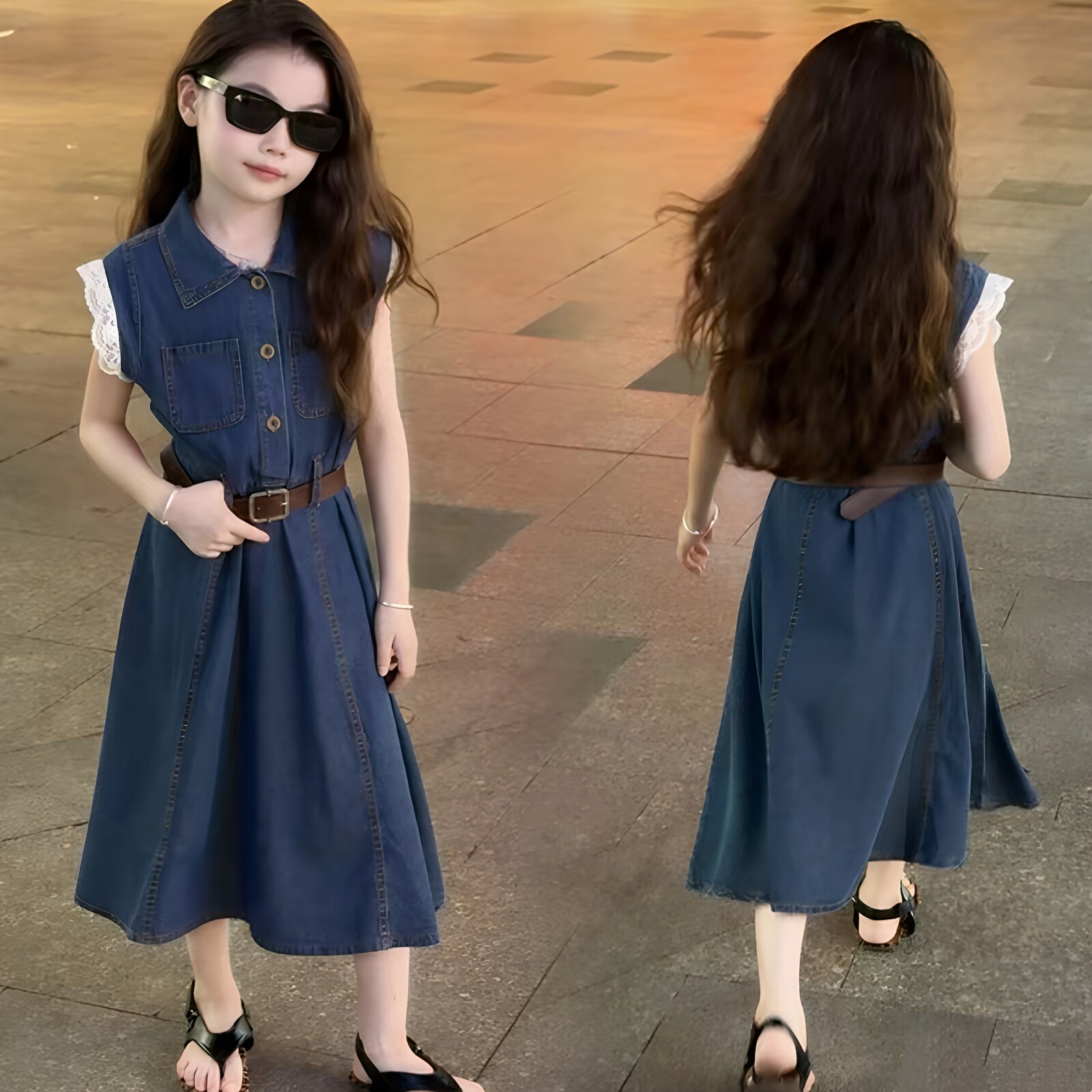 女童港味复古牛仔连衣裙夏季