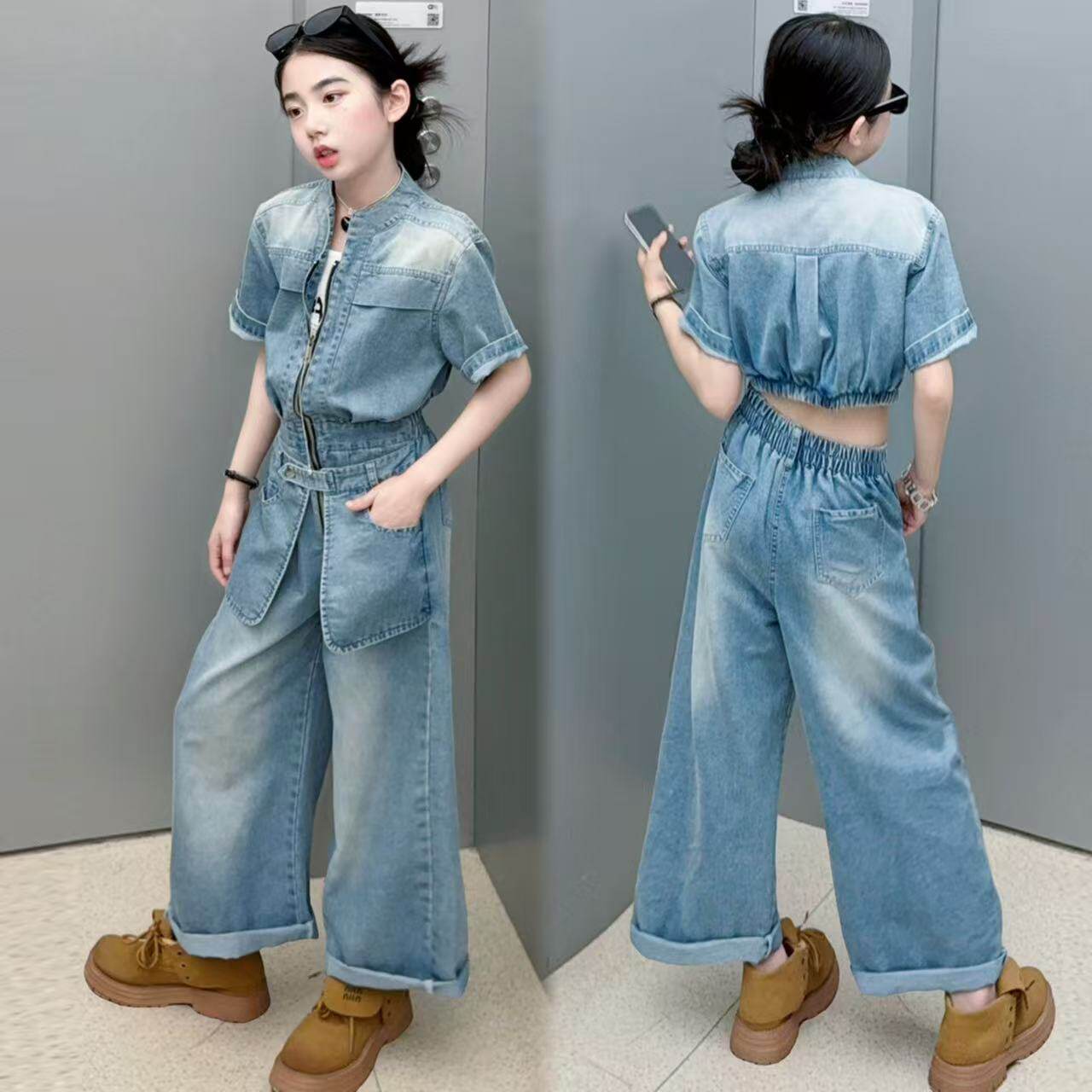 复古工装短袖牛仔连体裤女童夏季设计感个性半拉链上衣屁帘阔腿裤