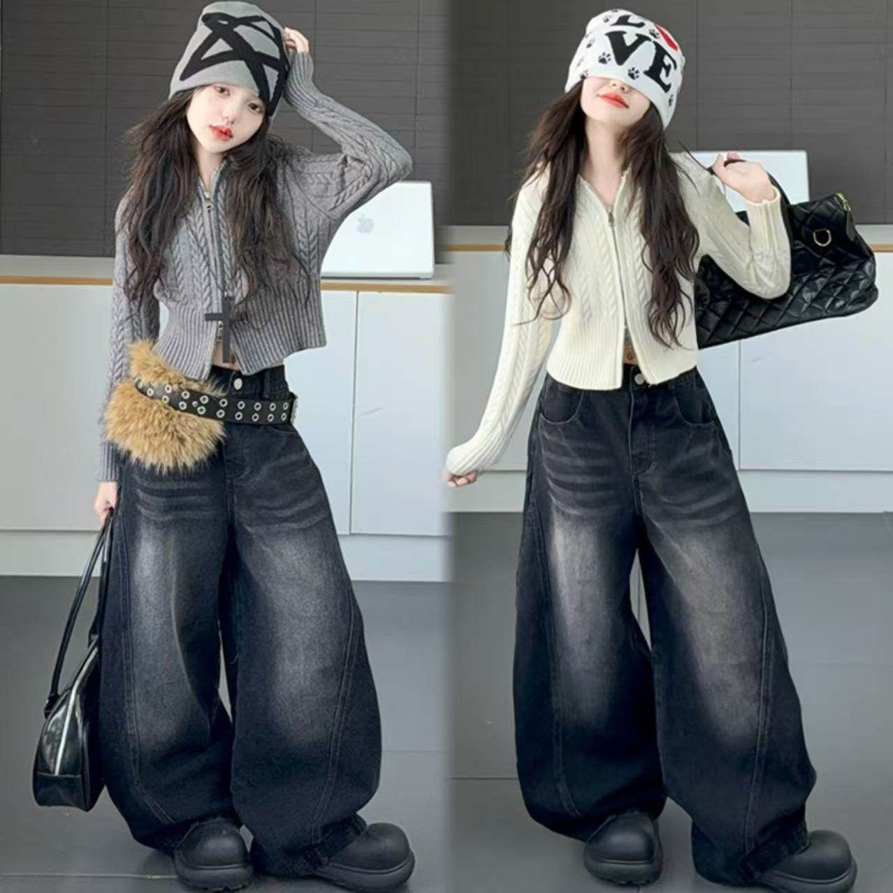 女童秋季韩系复古短款双拉链连帽针织毛衣开衫百搭牛仔弯刀裤套装