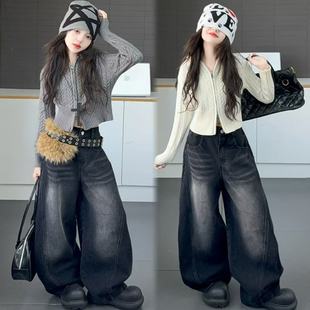 女童秋季韩系复古短款双拉链连帽针织毛衣开衫百搭牛仔弯刀裤套装