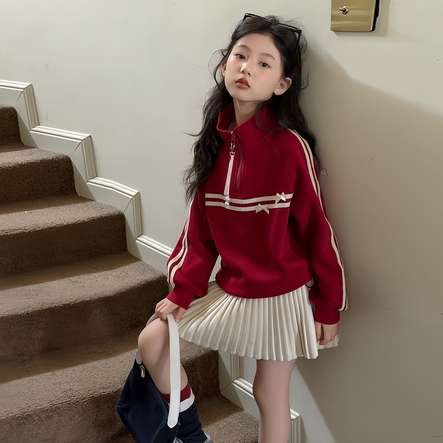 超好看女童韩版立领半拉链红色卫衣百褶裙运动休闲学院风韩系套装