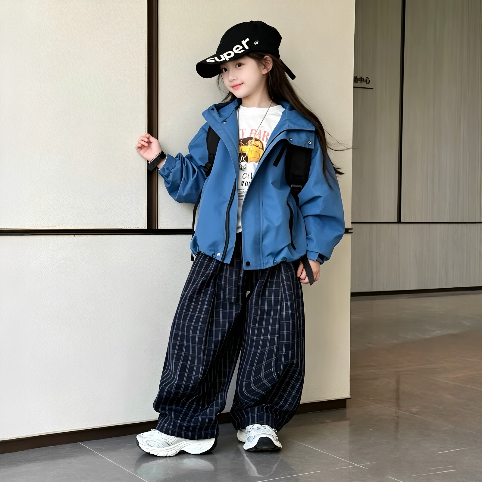 女童户外工装外套格子阔腿裤套装